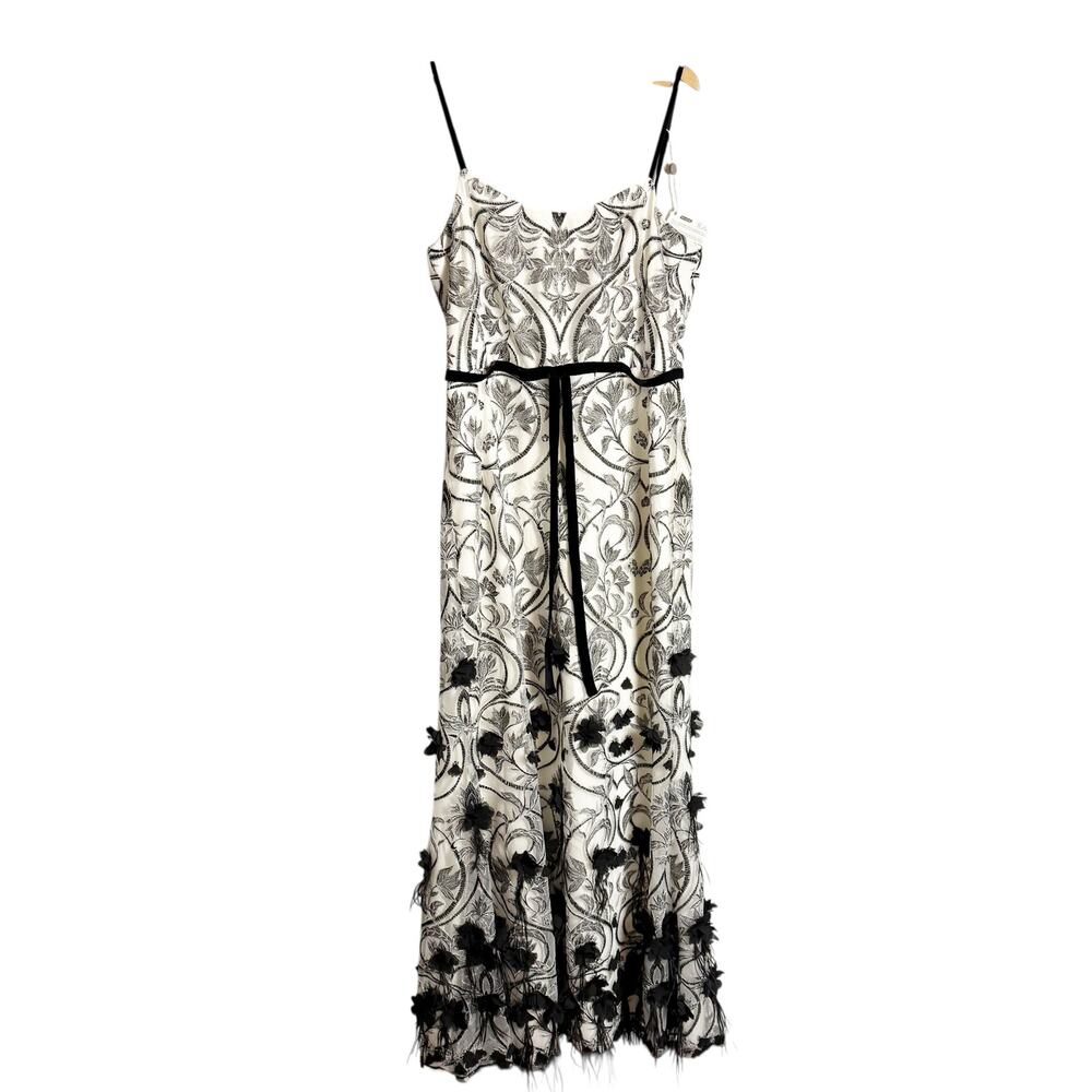Marchesa Notte White Black Floral Embroidery Appliqué Feather Sleeveless Gown 16